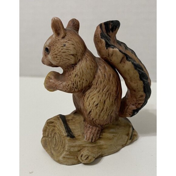 Vintage Bisque Porcelain Mini Squirrel On Log Trinket Decor - Picture 2 of 4